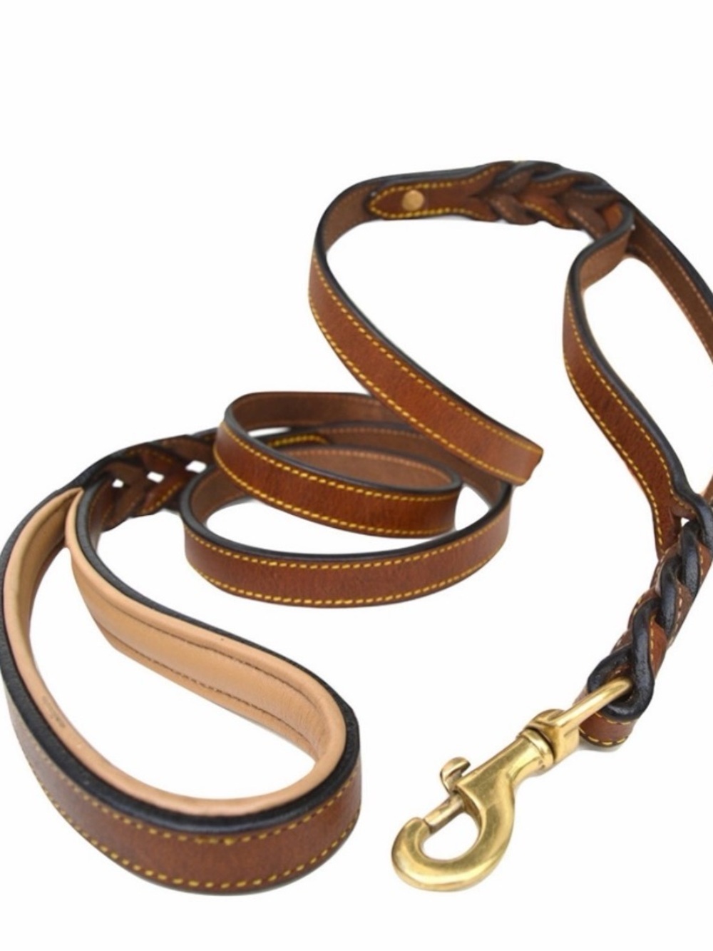 Braided Brown Leather Dog Leash with Brass Snap